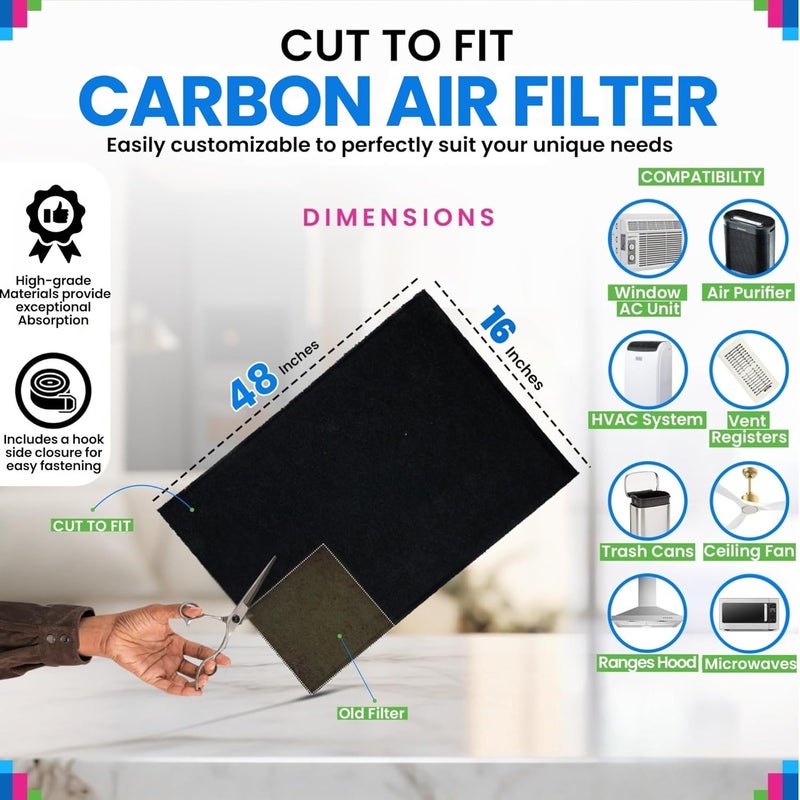 Bagean Cut to Fit Activated Carbon Filter Sheet 16” x 48” - Activated Carbon Air Filter for Air Purifiers Window AC Air Vent And More - Charcoal Filters Effectively Remove Odors & Freshens the Air (2-Pack) - Image 3